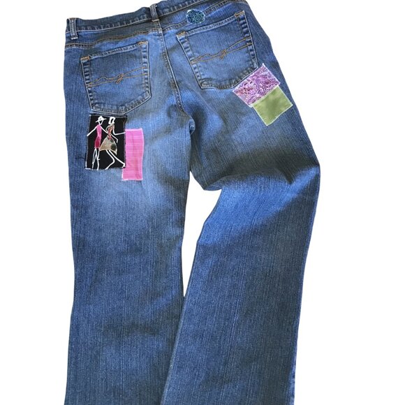 Boho Patch Jeans, 10P: Upcycled Hippie Pants, Paris Theme, Decorative Stitching - Picture 3 of 10